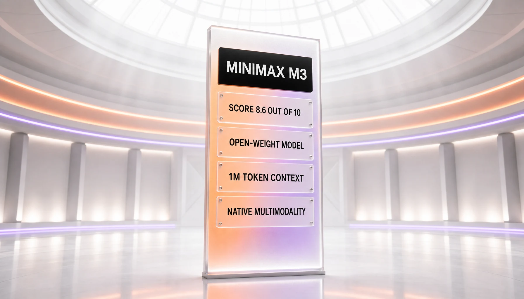 MiniMax M3 review hero — bright white arena with orange and violet neon rings, a frosted-glass monolith with plates reading score 8.6 out of 10, open-weight model, 1M token context, and native multimodality