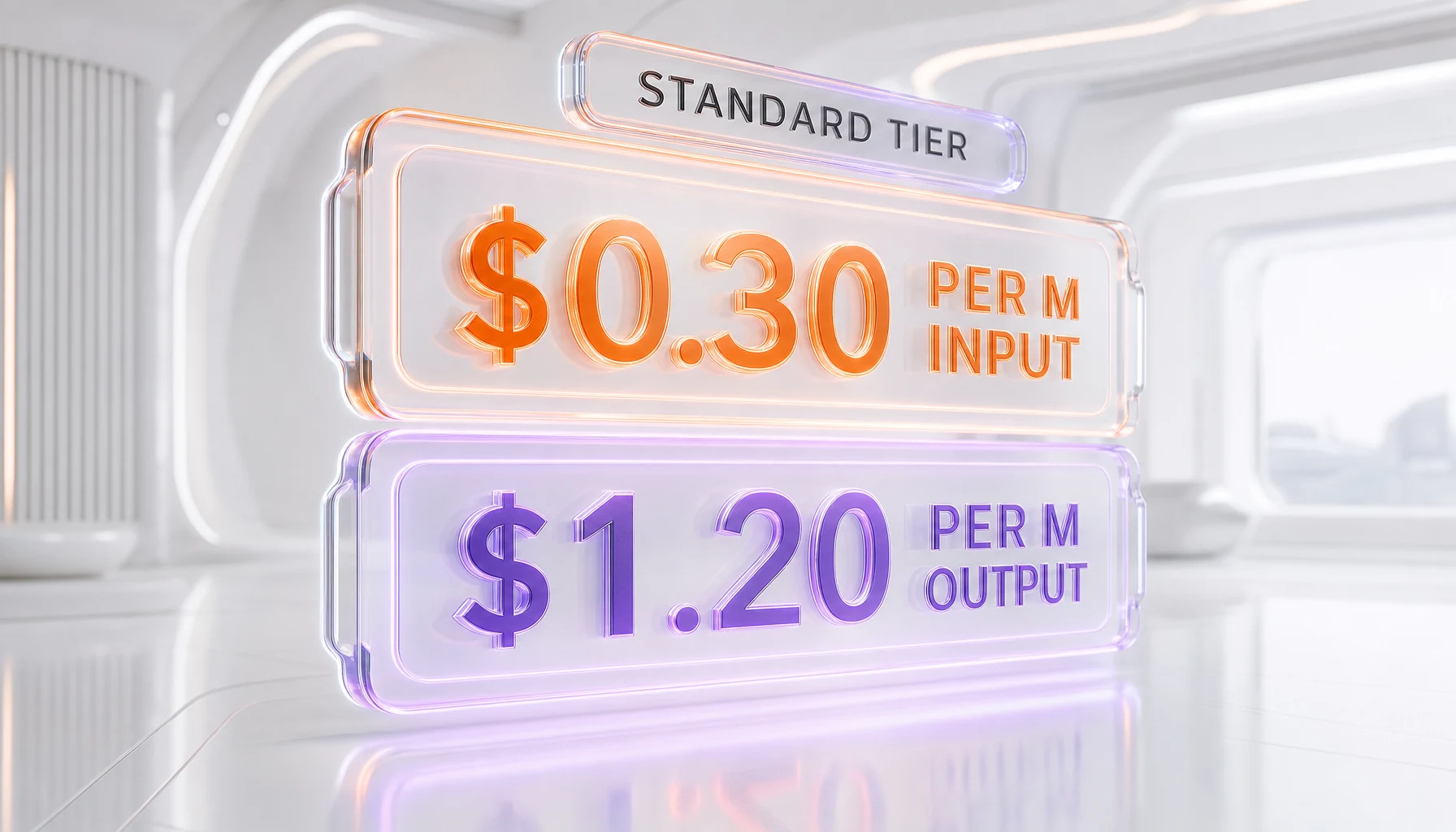 MiniMax M3 pricing tiers visualized — standard tier 0.30 dollars per million input and 1.20 dollars per million output up to 512K context, doubling above 512K, with priority tier rates