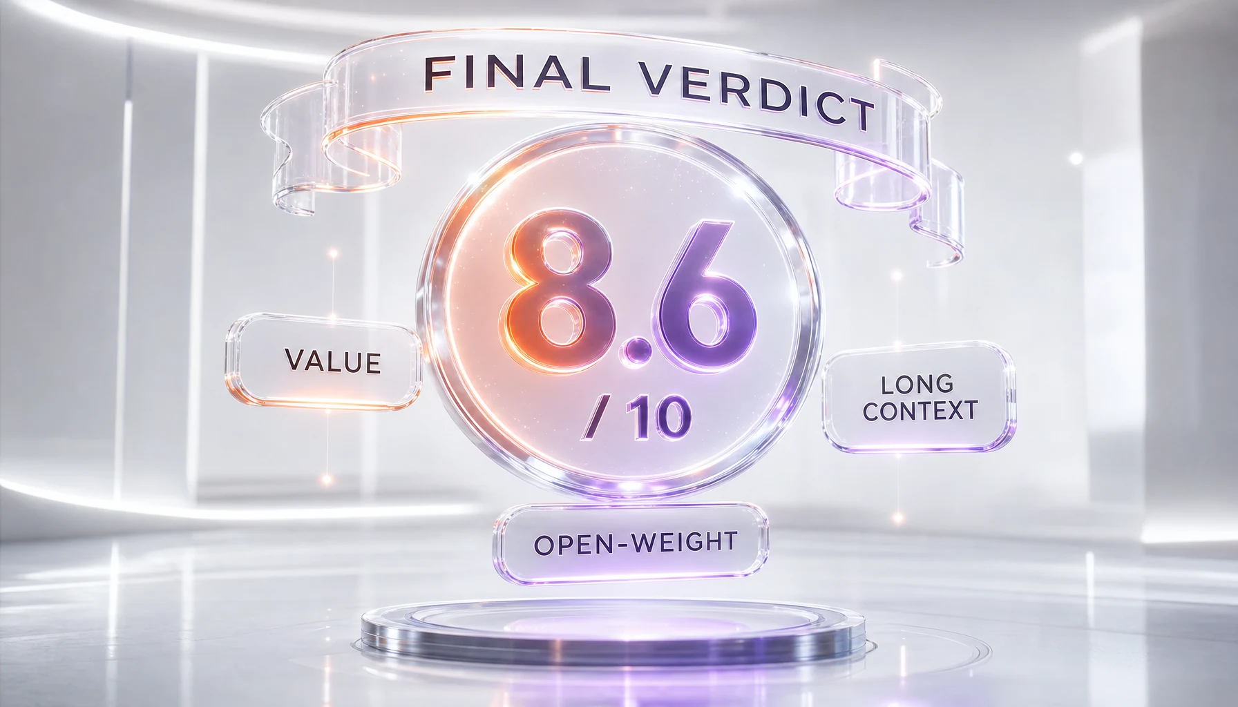 MiniMax M3 final verdict scorecard — overall score 8.6 out of 10 with strengths in value and long context, caveats on vendor-reported benchmarks and pending open weights