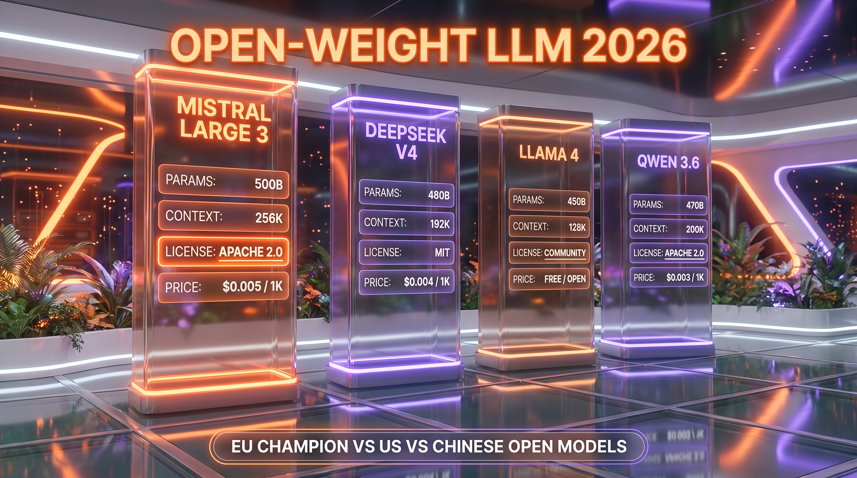 Mistral Large 3 vs DeepSeek V4 vs Llama 4 vs Qwen 3.6 — open-weight LLM comparison 2026