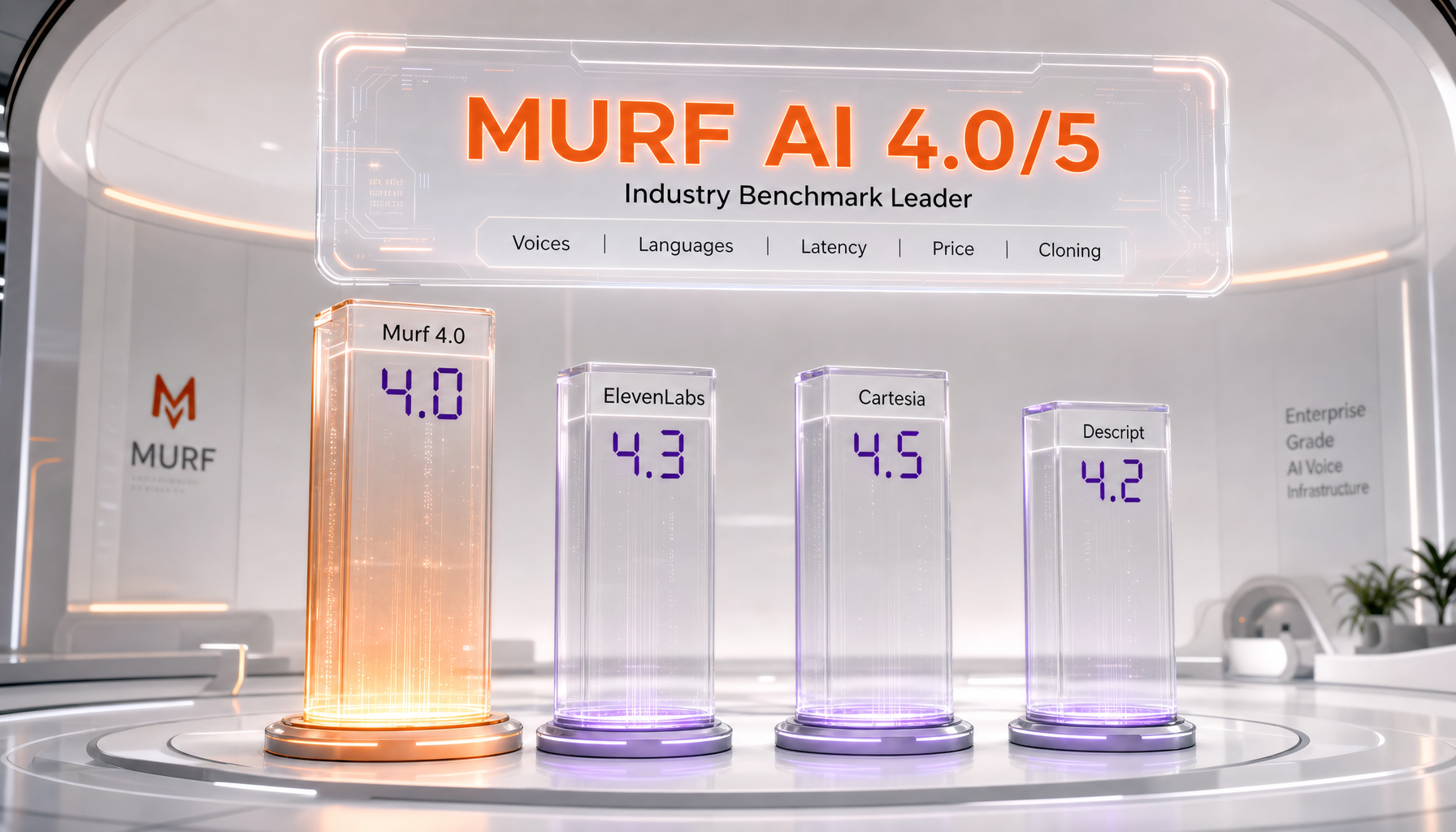 Murf AI vs ElevenLabs vs Cartesia vs Descript comparison — voice library, languages, latency, price, cloning