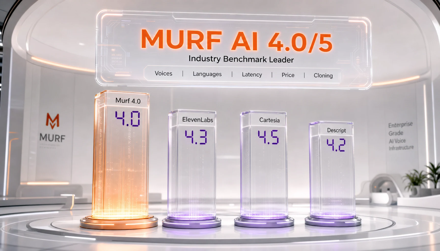Murf AI vs ElevenLabs vs Cartesia vs Descript comparison — voice library, languages, latency, price, cloning