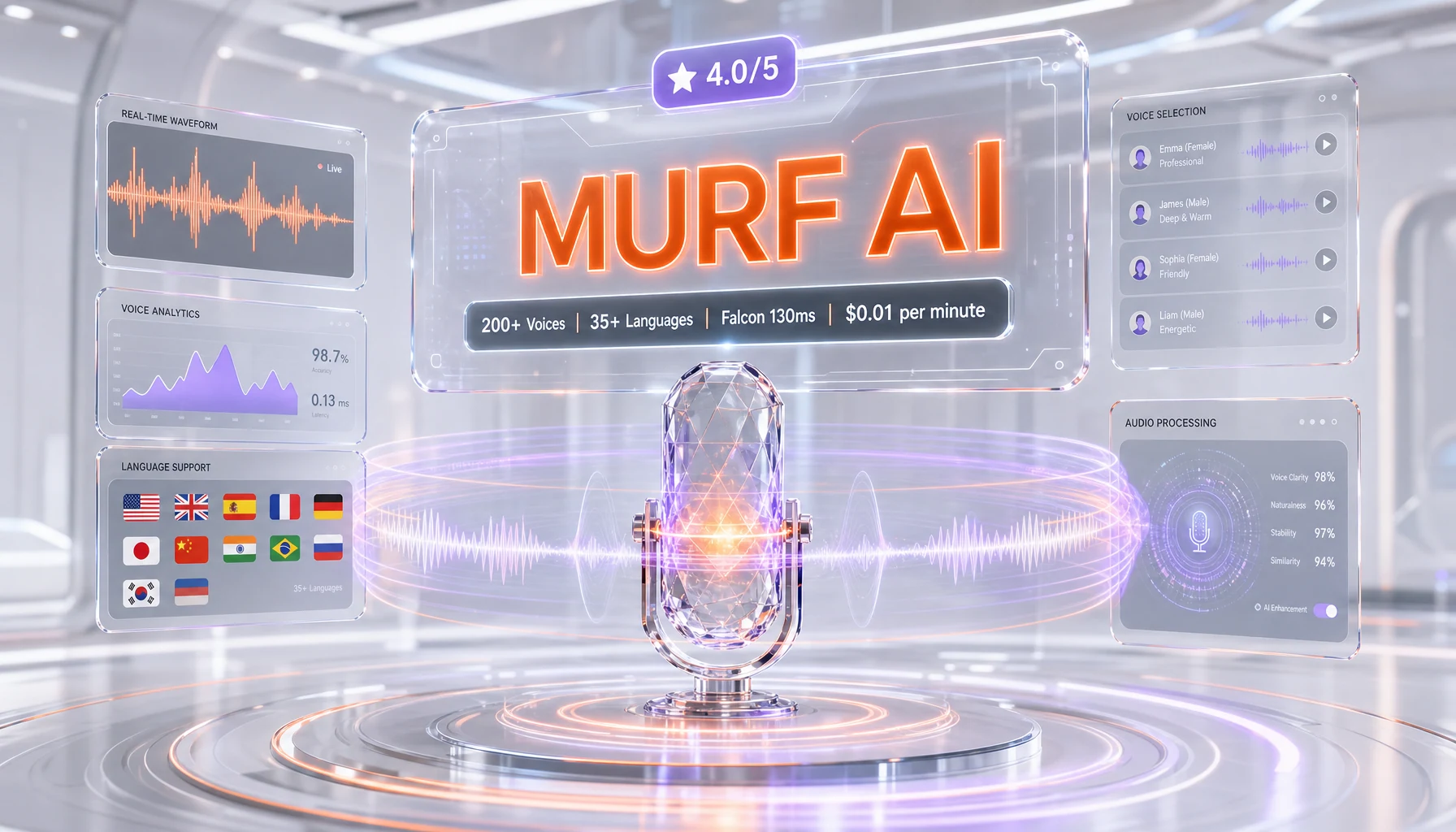 Murf AI review — 200+ voices, 35+ languages, Falcon API at 130ms time-to-first-audio, scored 4.0 out of 5