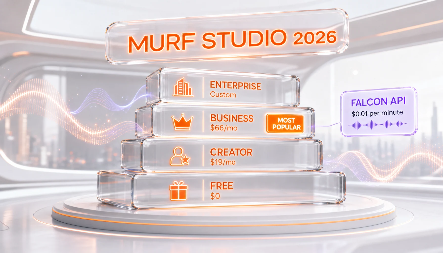 Murf AI pricing 2026 — Free, Creator $19 yearly, Business $66 yearly, Enterprise custom plus Falcon API at $0.01 per minute