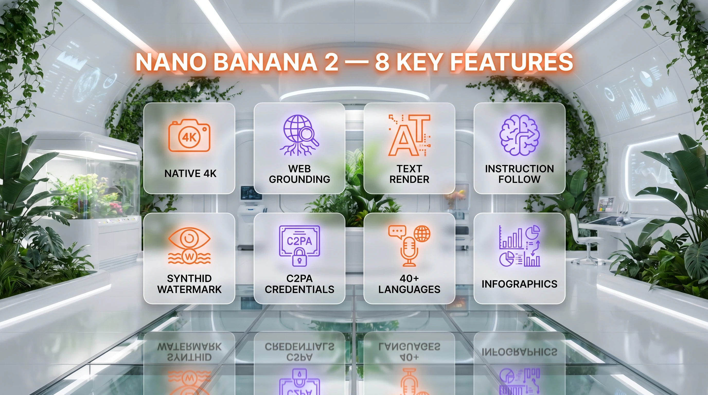 Nano Banana 2 features — 4K output, web grounding, SynthID, C2PA, infographics, real-time data