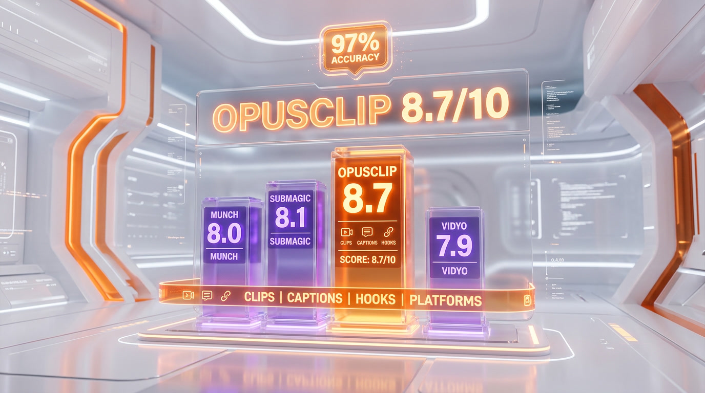 OpusClip vs Submagic vs Quso vs Munch comparison — caption accuracy, multimodal AI, Virality Score, and pricing benchmarks