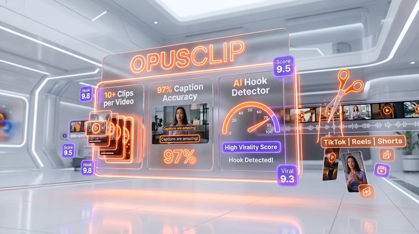 OpusClip ClipAnything multimodal AI demo — visual cues, audio sentiment, facial expressions, and Virality Score 0 to 99