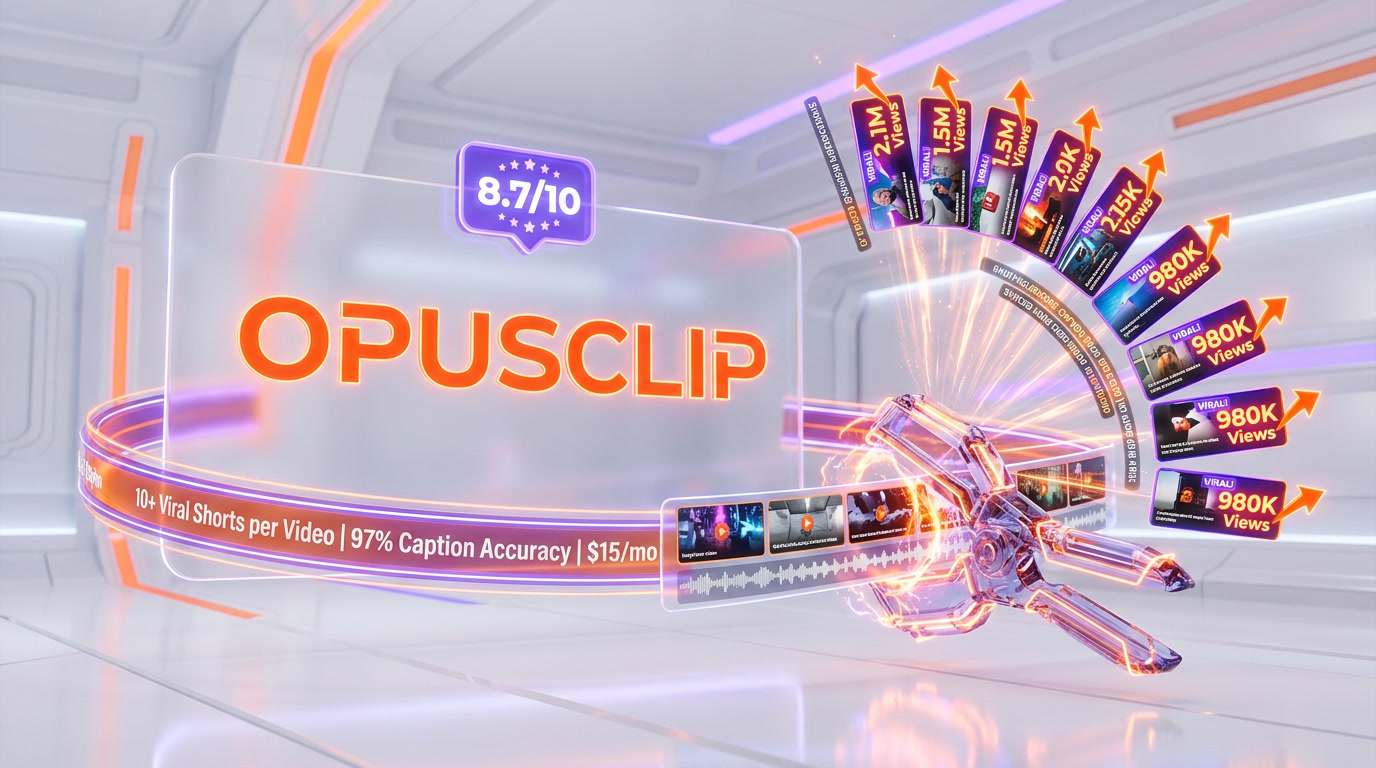 OpusClip AI video clipping review — 10M+ users, ClipAnything multimodal AI, 97% caption accuracy, Virality Score 0 to 99