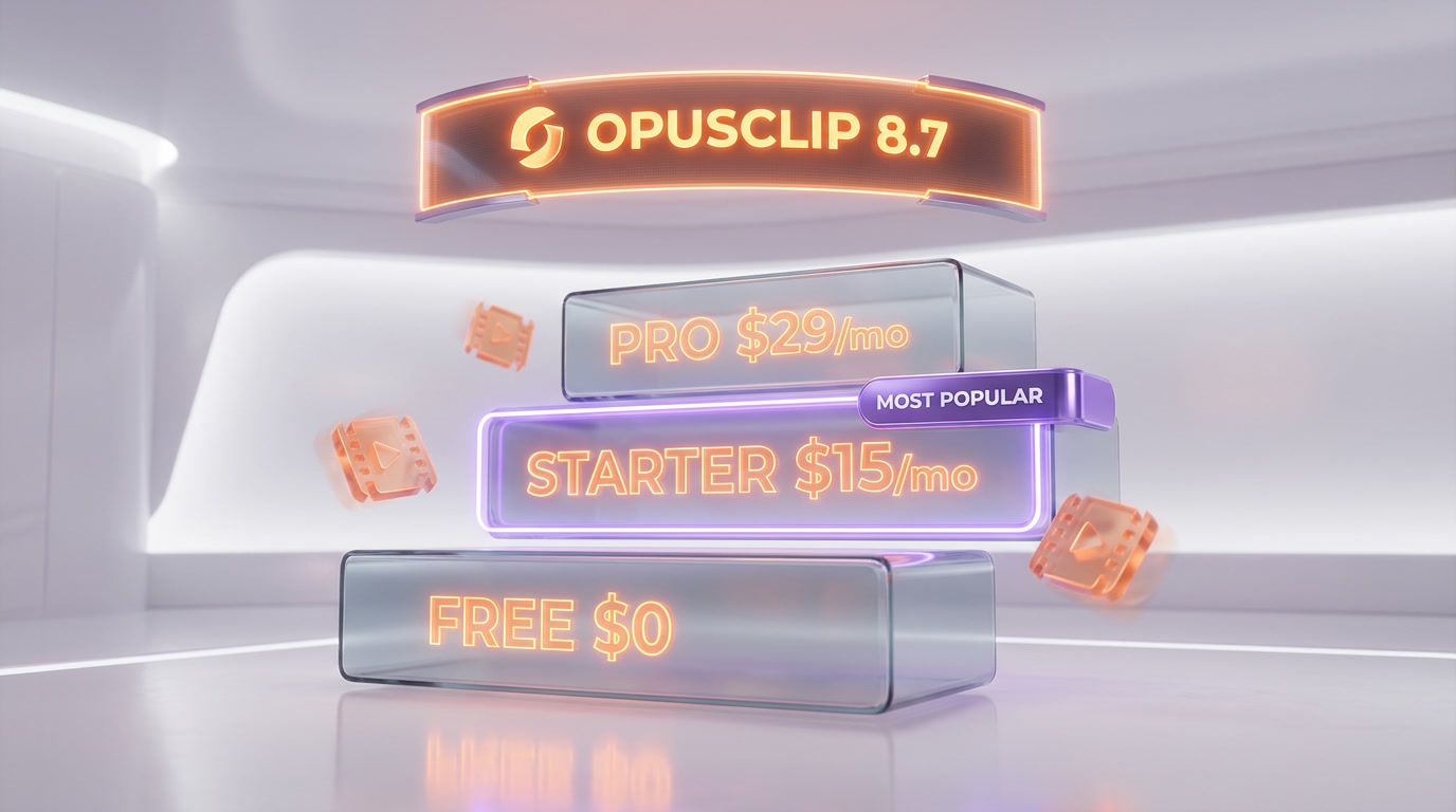 OpusClip pricing tiers 2026 — Free 60 credits, Starter 15 dollars per month 150 credits, Pro 29 dollars per month 3600 credits annually