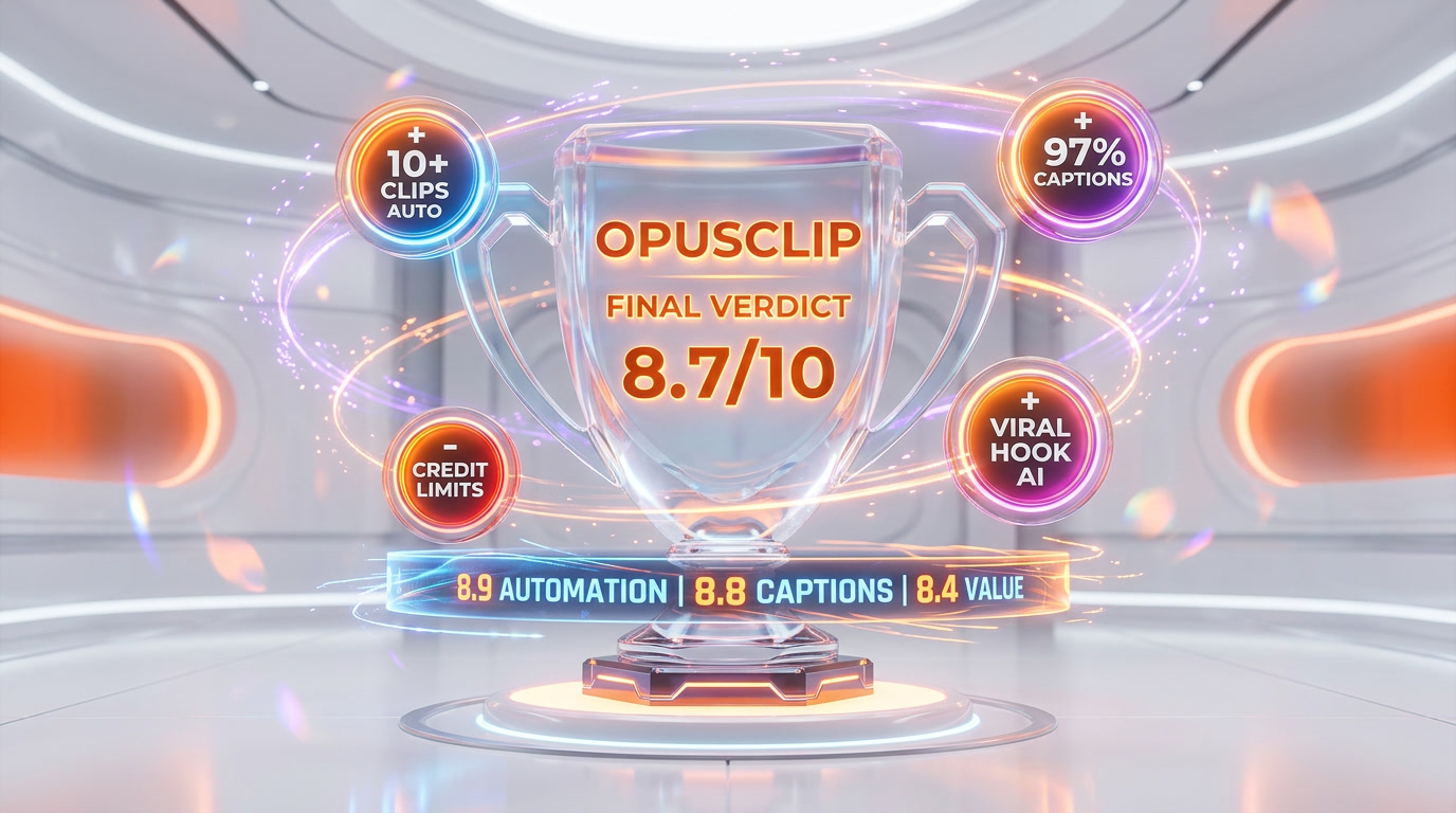 OpusClip verdict 8.7 out of 10 — AI video clipping leader with 10M plus users, ClipAnything multimodal AI, and Virality Score