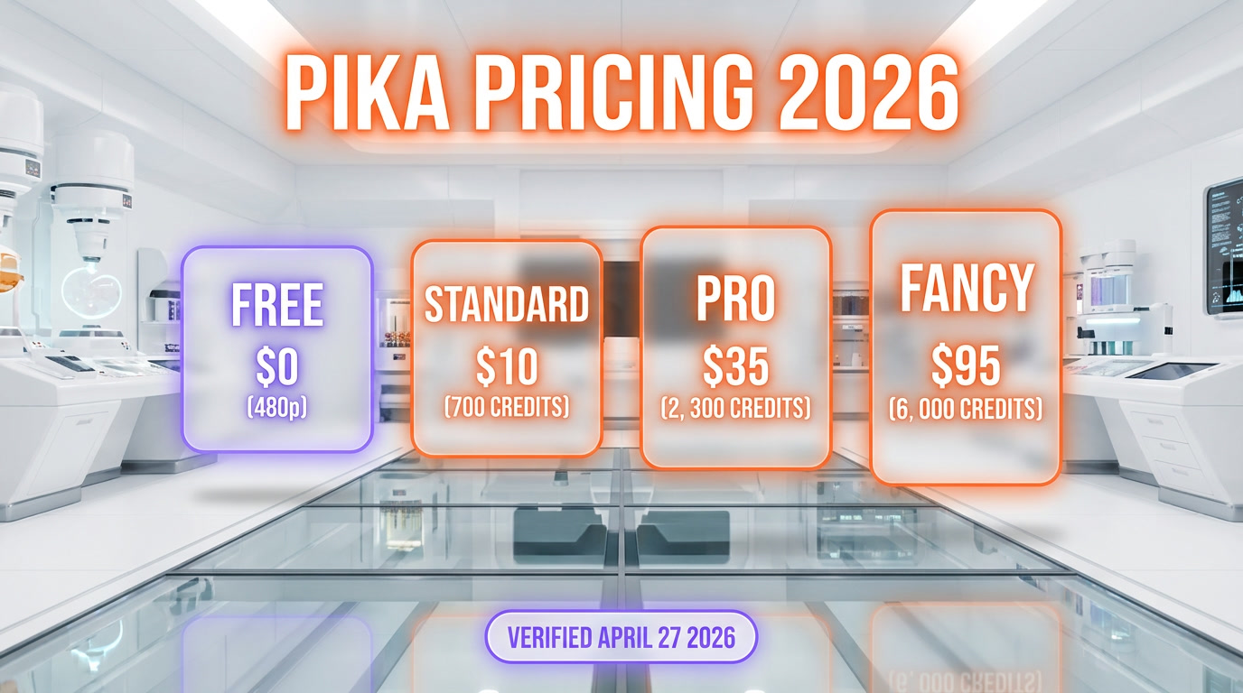 Pika pricing tiers — Free, Basic $10, Standard $35, Pro $95, Fancy 6,000 credits per month