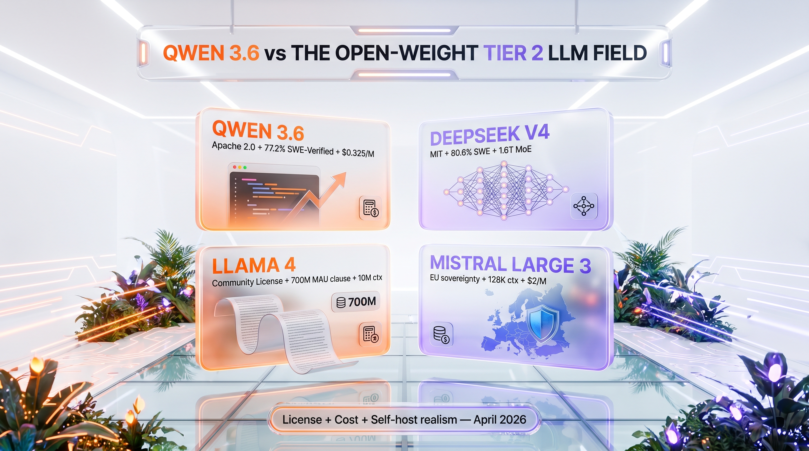 Qwen 3.6 vs DeepSeek V4 vs Llama 4 vs Mistral Large 3 — license, pricing, context, benchmarks comparison