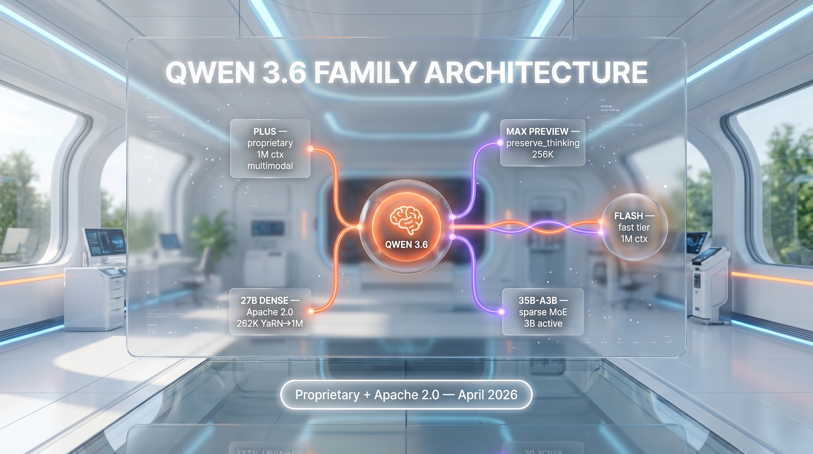 Qwen 3.6 family architecture — Plus, Max Preview, Flash, 27B dense, 35B-A3B sparse MoE