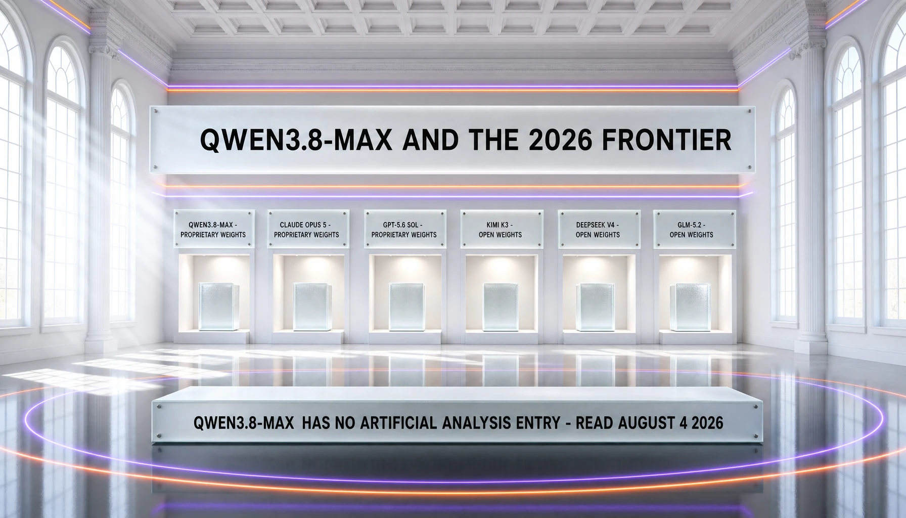 Qwen3.8-Max against the 2026 frontier on weights, shown as six identical museum niches: Qwen3.8-Max, Claude Opus 5 and GPT-5.6 Sol carry proprietary weights, while Kimi K3, DeepSeek V4 and GLM-5.2 carry open weights; Qwen3.8-Max has no Artificial Analysis entry, read August 4, 2026