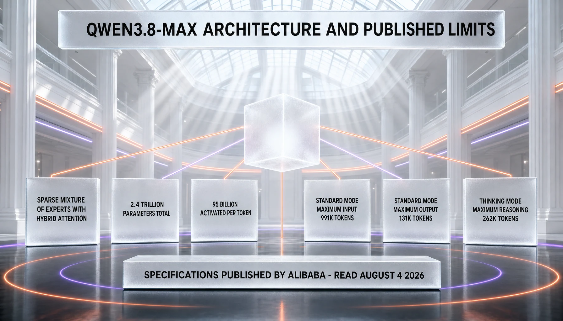 Qwen3.8-Max architecture and published limits: a sparse Mixture-of-Experts with hybrid attention, 2.4 trillion total parameters, 95 billion activated per token, a standard-mode maximum input of 991K tokens and maximum output of 131K tokens, and a thinking-mode maximum reasoning budget of 262K tokens, as published by Alibaba and read August 4, 2026