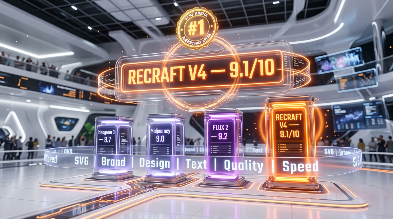 Recraft V4 vs Ideogram 3 vs FLUX 2 vs Midjourney V8 — AI image generator comparison chart showing win areas for each model