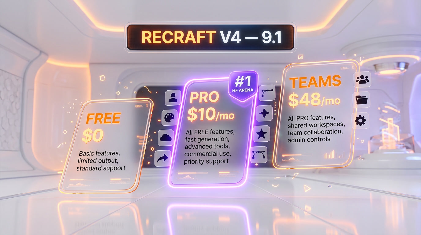Recraft V4 pricing 2026 — Free 50 credits per day, Basic $10 per month, Advanced $27 per month, Pro $48 per month with annual discount