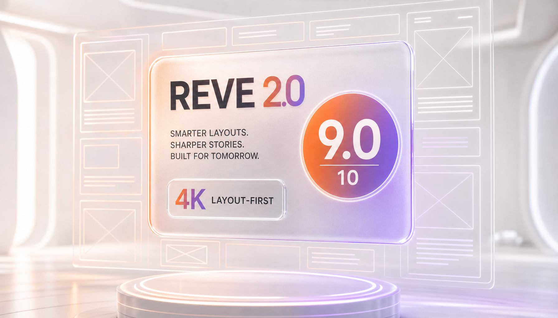 Reve 2.0 review cover: layout-first AI image model with a 9 out of 10 score and 4K output badge