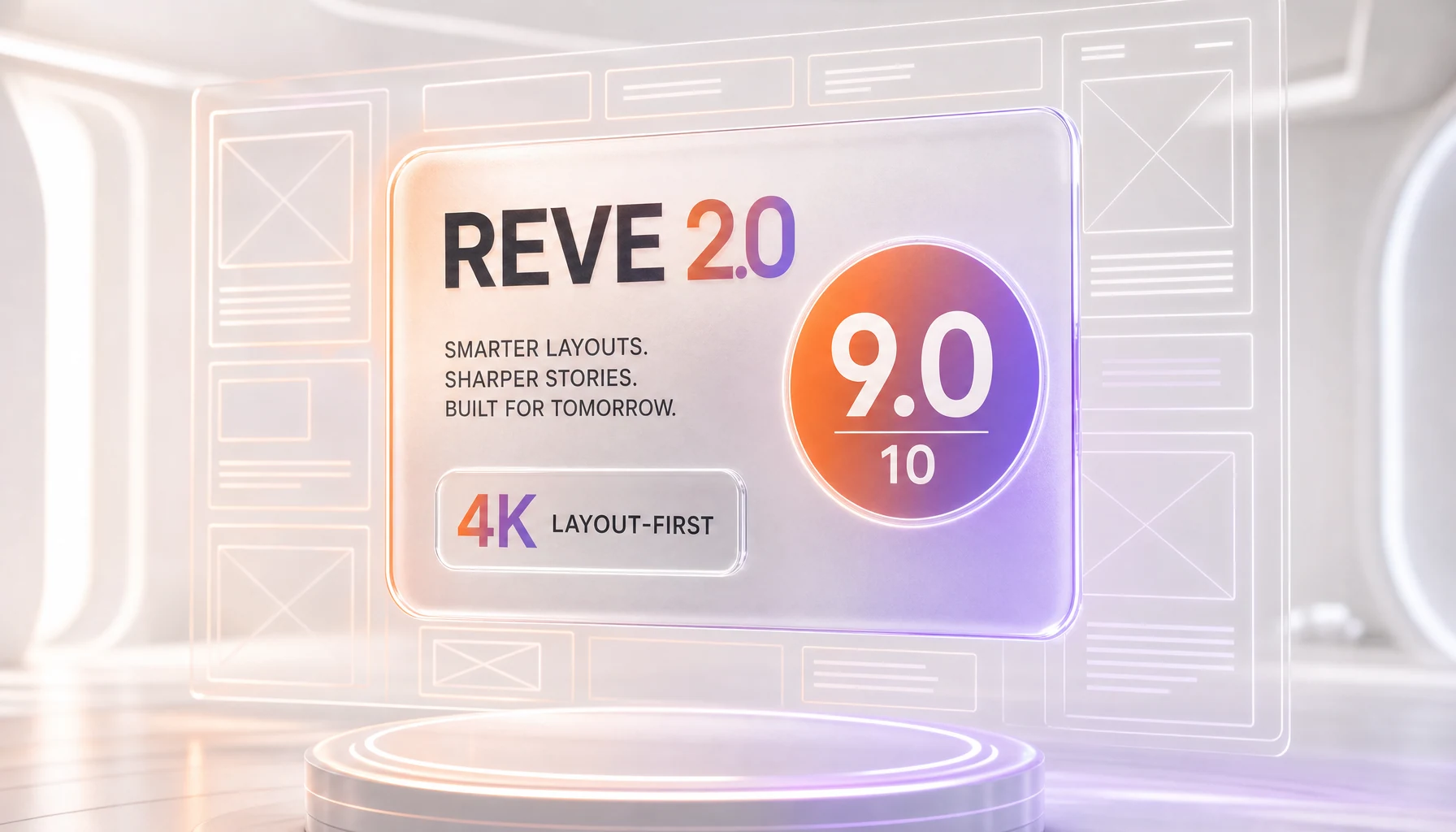 Reve 2.0 review cover: layout-first AI image model with a 9 out of 10 score and 4K output badge