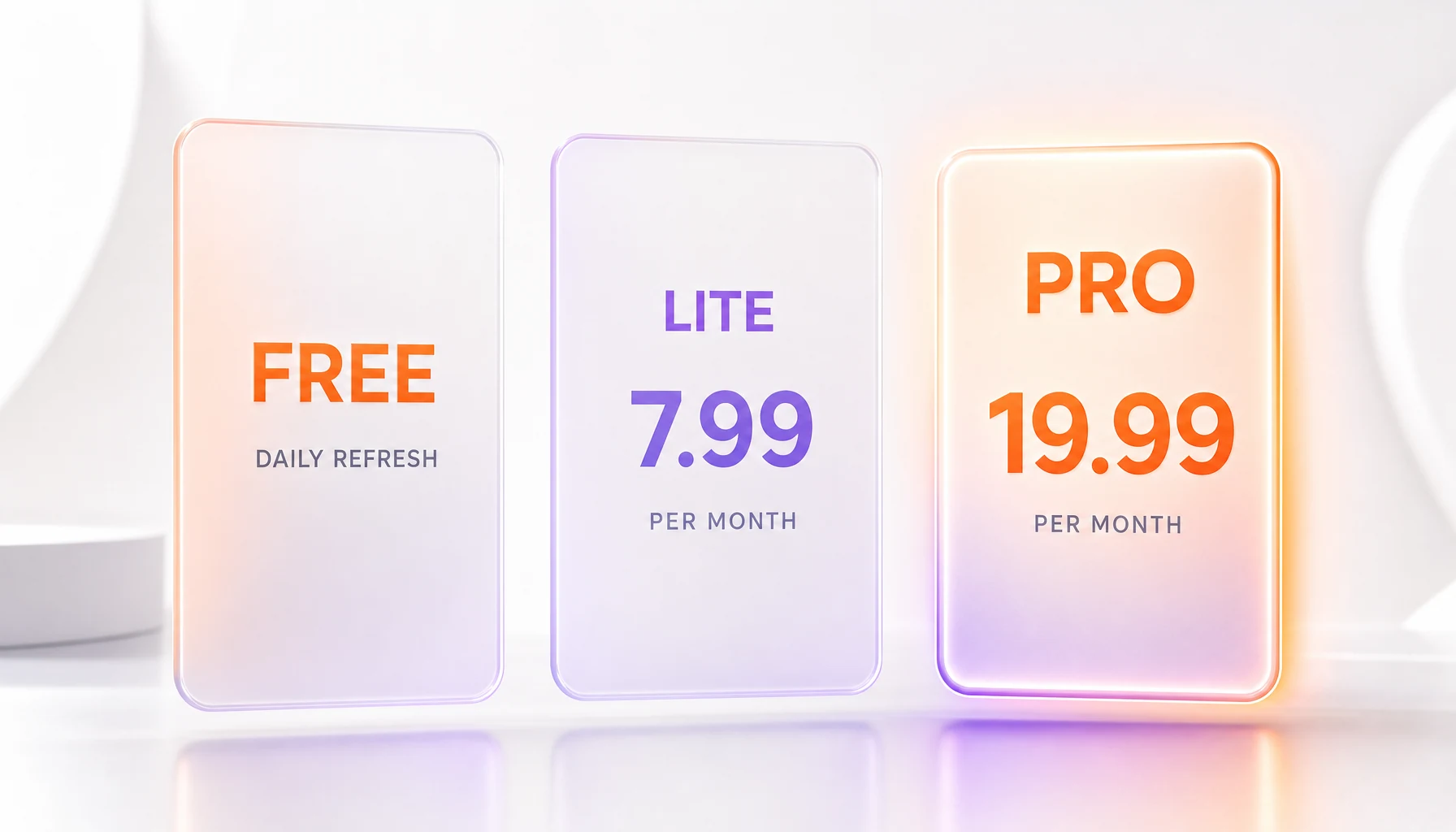 Reve 2.0 pricing tiers visualized: Free, Lite at 7.99 dollars per month, and Pro at 19.99 dollars per month