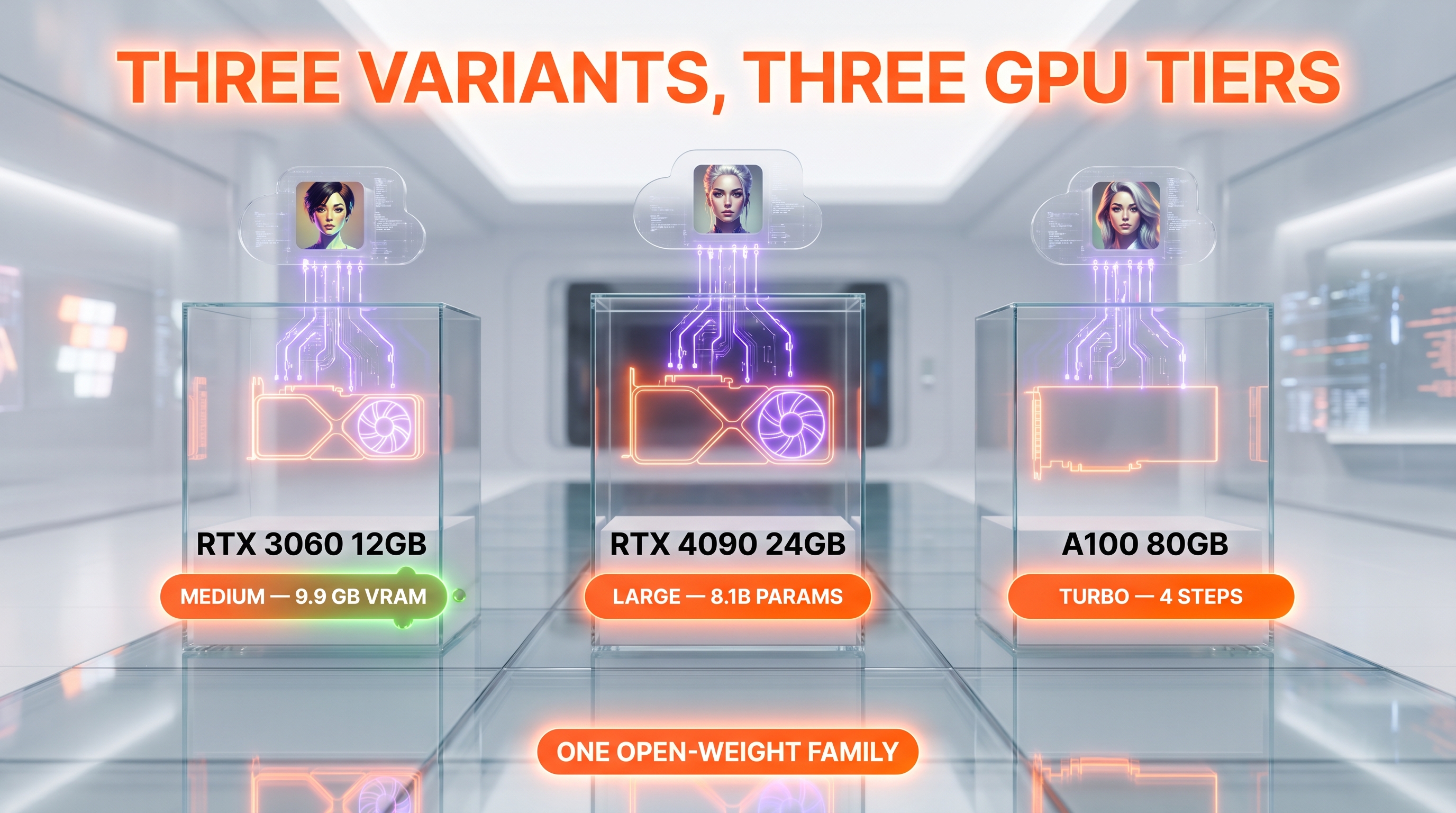 SD 3.5 three variants — Large 8.1B, Large Turbo 4-step, Medium 2.5B with VRAM requirements