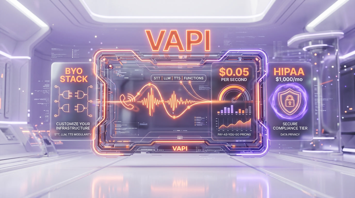 Vapi orchestration stack diagram — STT to LLM to TTS to telephony with provider mix-and-match for each stage