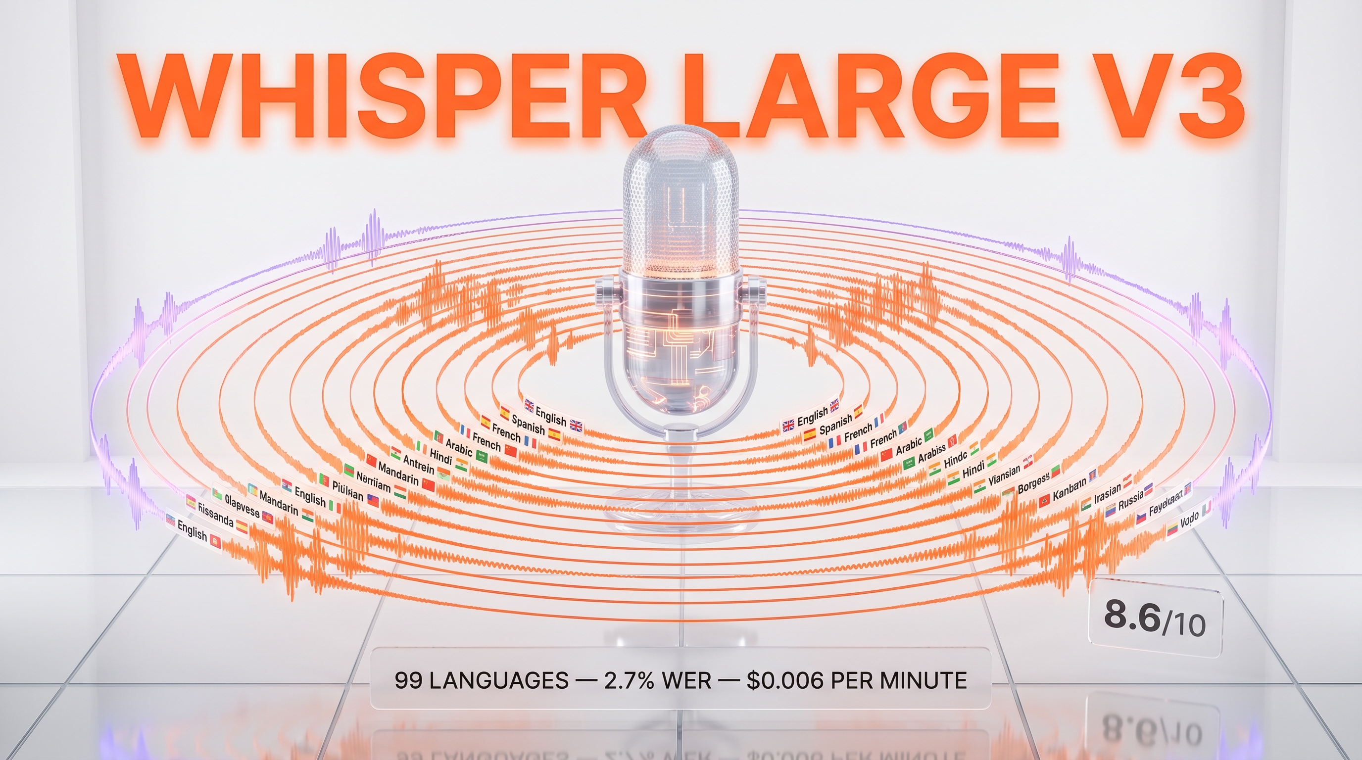 Whisper Large v3 review — 8.6/10, 2.7% WER, 99 languages, $0.006 per minute