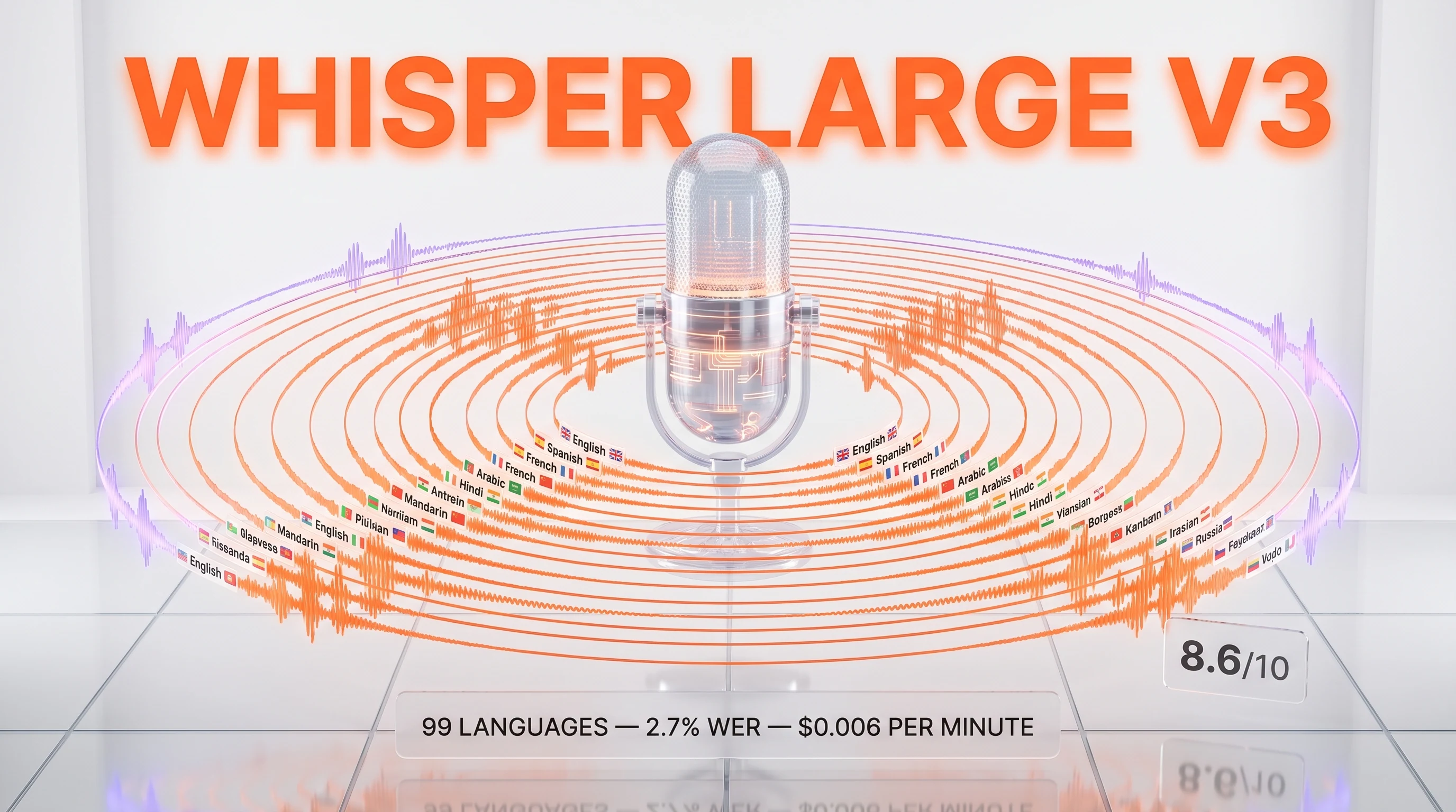 Whisper Large v3 review — 8.6 out of 10, 2.7% WER, 99 languages, $0.006 per minute