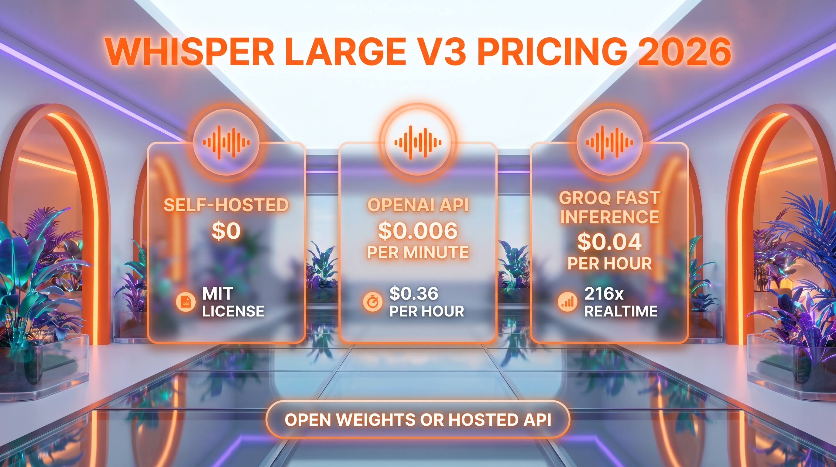 Whisper Large v3 pricing 2026 — self-hosted free vs OpenAI API $0.006 per minute vs Groq
