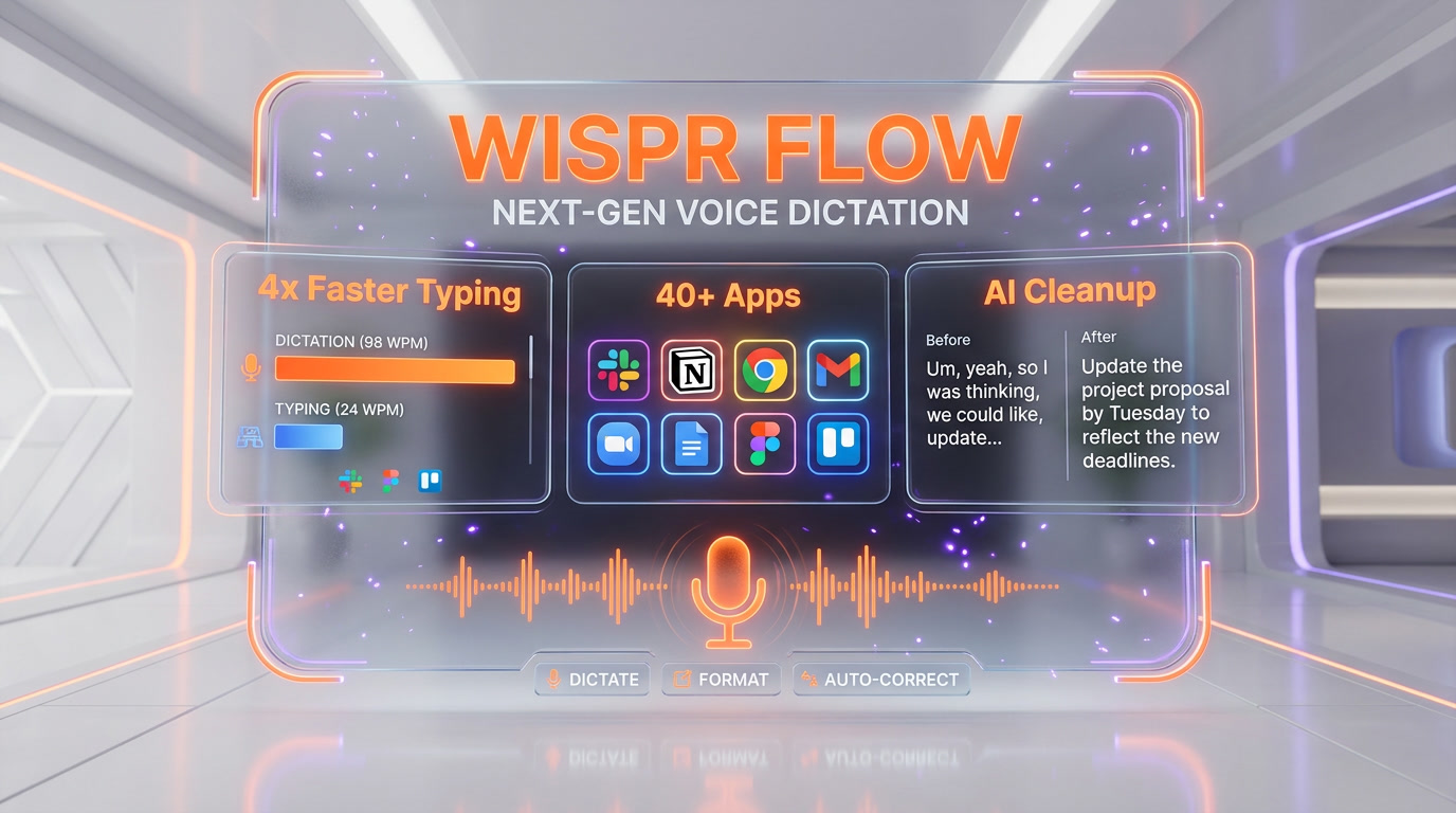 Wispr Flow dictation flow — hotkey hold, streaming audio, AI auto-polish pipeline producing formatted text inside Slack, Gmail, VS Code and ChatGPT