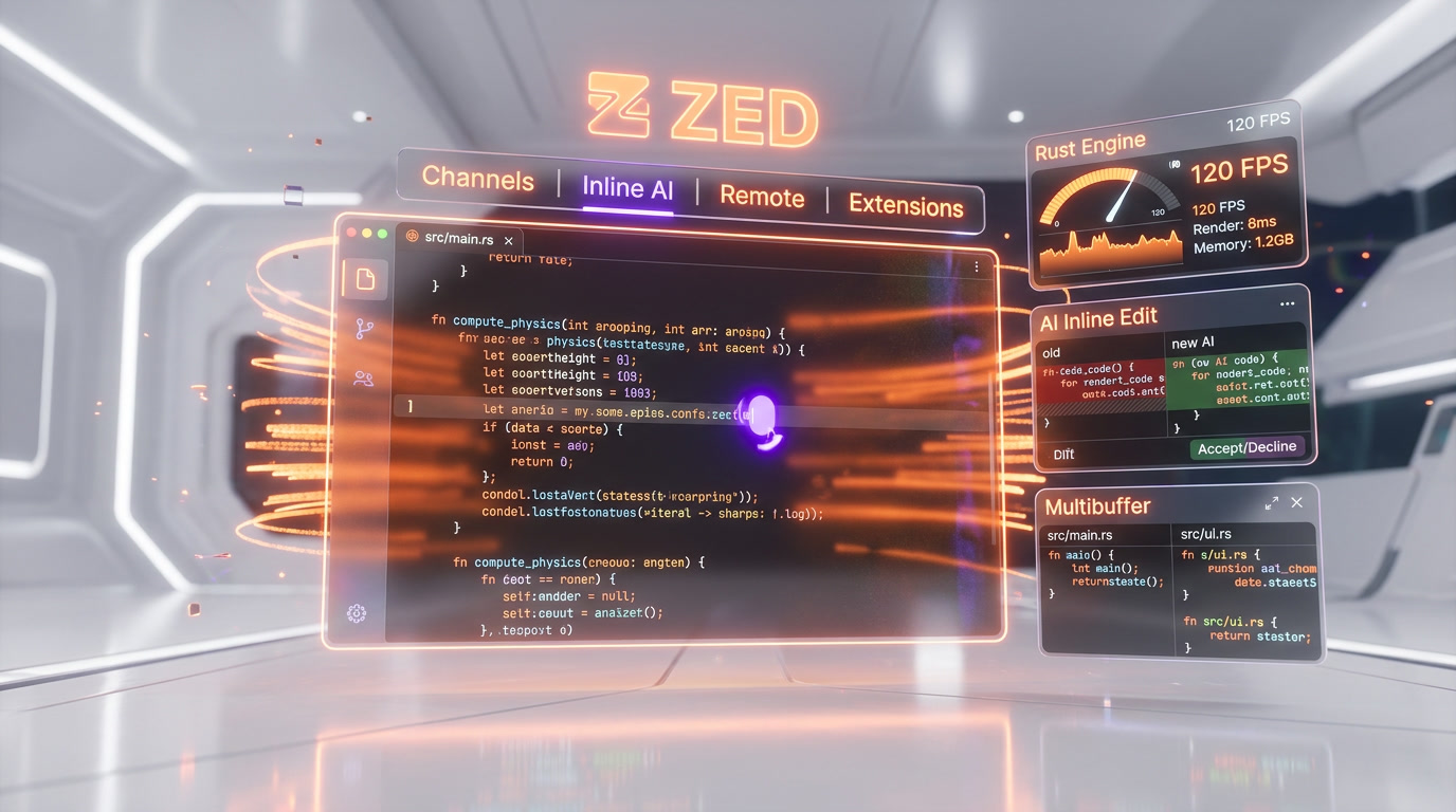Zed multiplayer editor — two engineers sharing a project with follow mode, voice chat, and per-user cursors